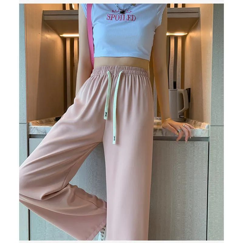 Floor-Length Casual Straight Plus Silky Draping High-Waisted Pants