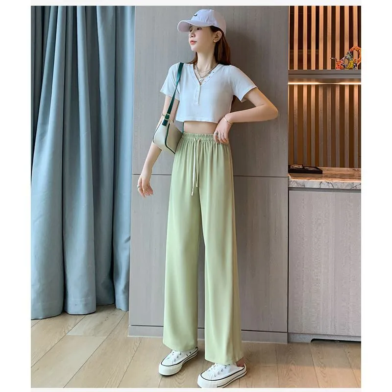 Floor-Length Casual Straight Plus Silky Draping High-Waisted Pants