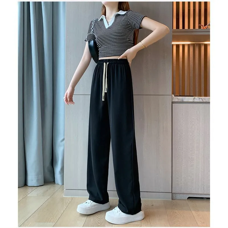 Floor-Length Casual Straight Plus Silky Draping High-Waisted Pants