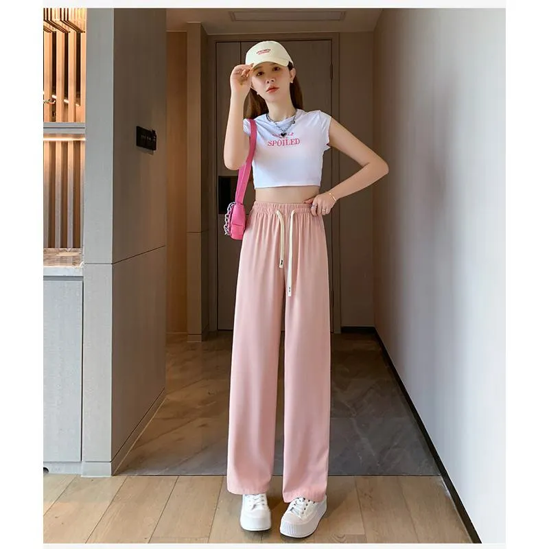 Floor-Length Casual Straight Plus Silky Draping High-Waisted Pants