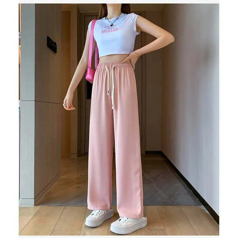 Floor-Length Casual Straight Plus Silky Draping High-Waisted Pants