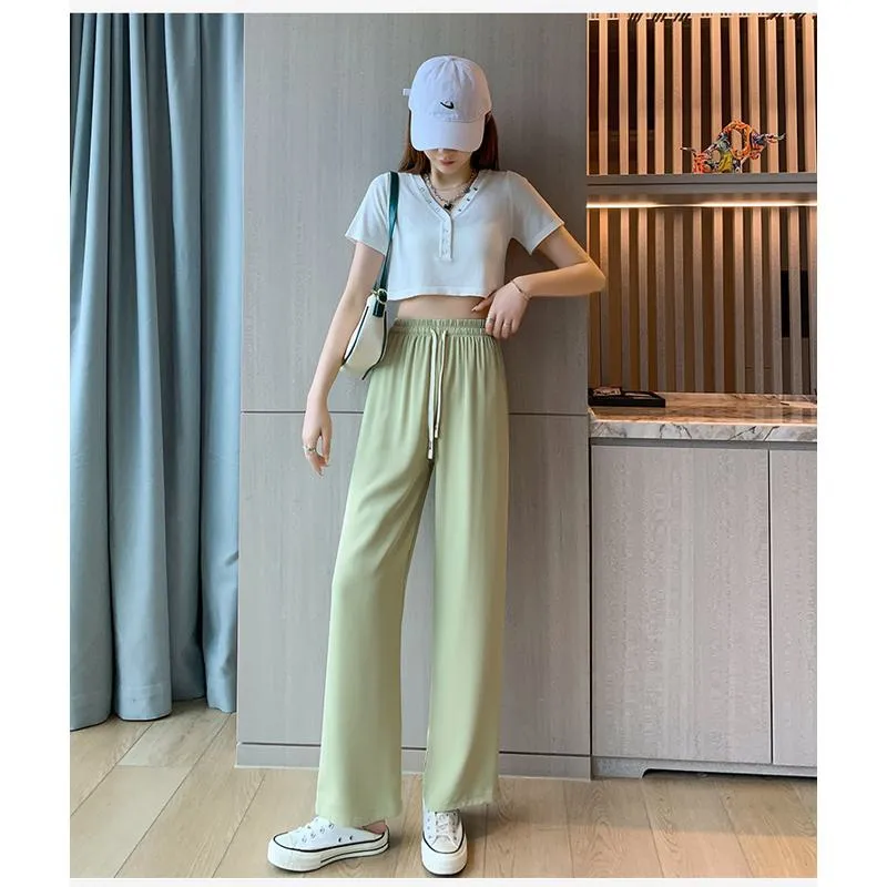 Floor-Length Casual Straight Plus Silky Draping High-Waisted Pants