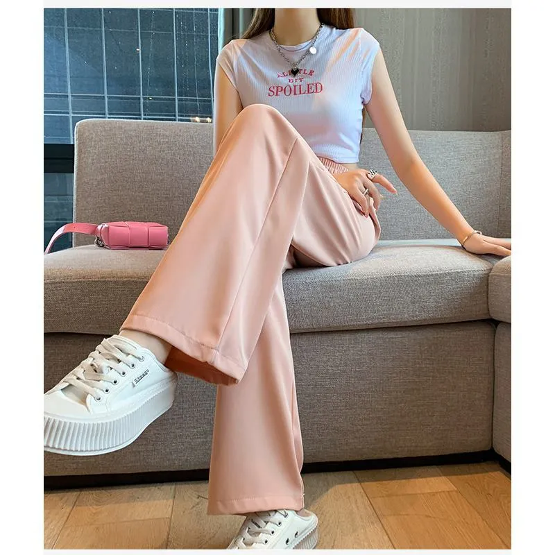 Floor-Length Casual Straight Plus Silky Draping High-Waisted Pants