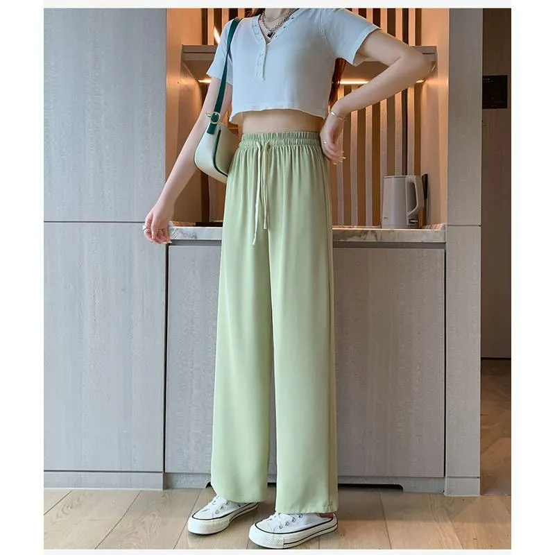 Floor-Length Casual Straight Plus Silky Draping High-Waisted Pants