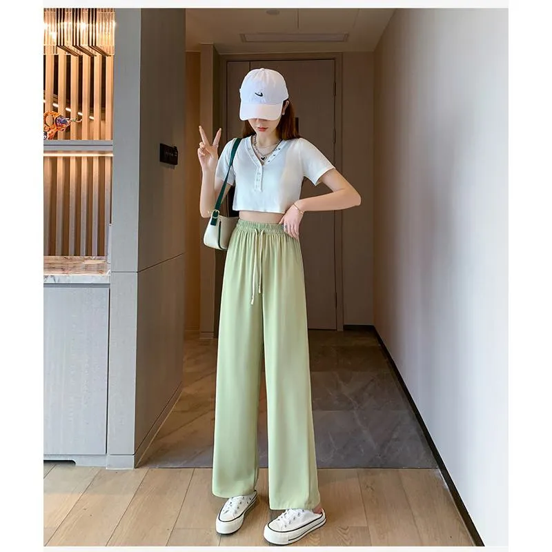 Floor-Length Casual Straight Plus Silky Draping High-Waisted Pants