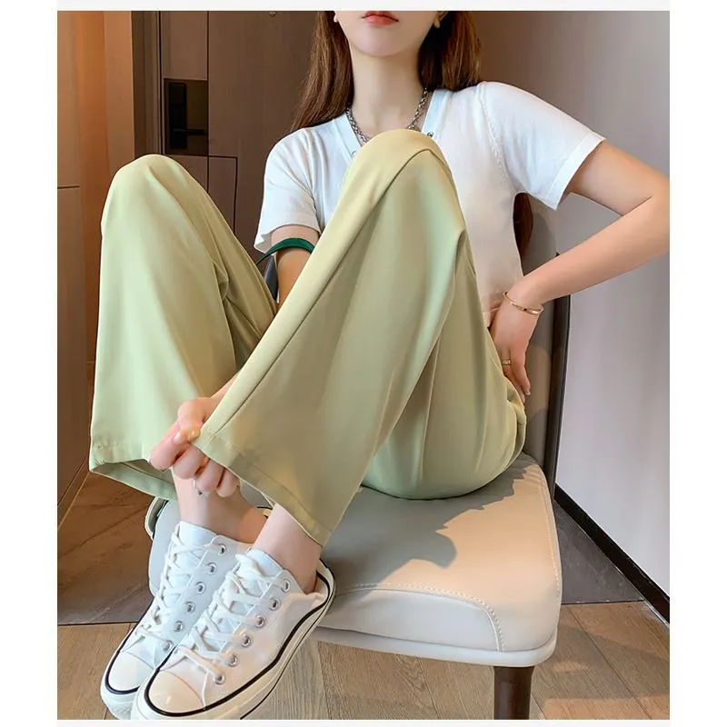 Floor-Length Casual Straight Plus Silky Draping High-Waisted Pants