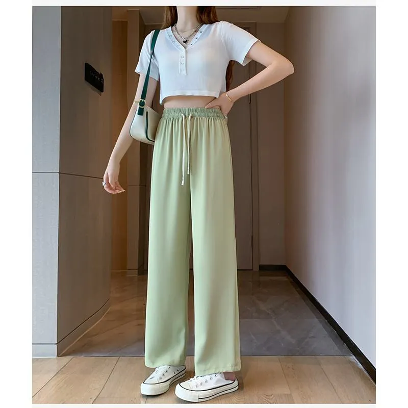 Floor-Length Casual Straight Plus Silky Draping High-Waisted Pants