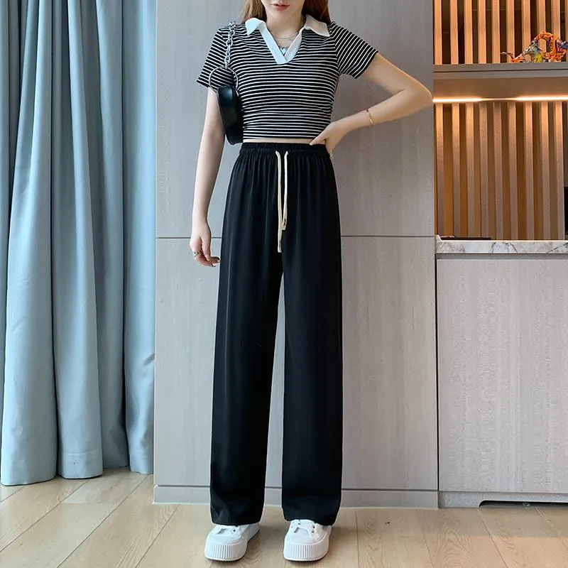 Floor-Length Casual Straight Plus Silky Draping High-Waisted Pants