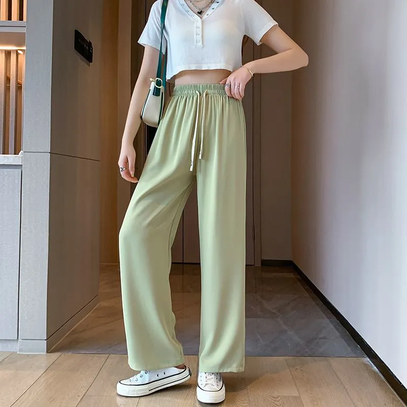 Floor-Length Casual Straight Plus Silky Draping High-Waisted Pants