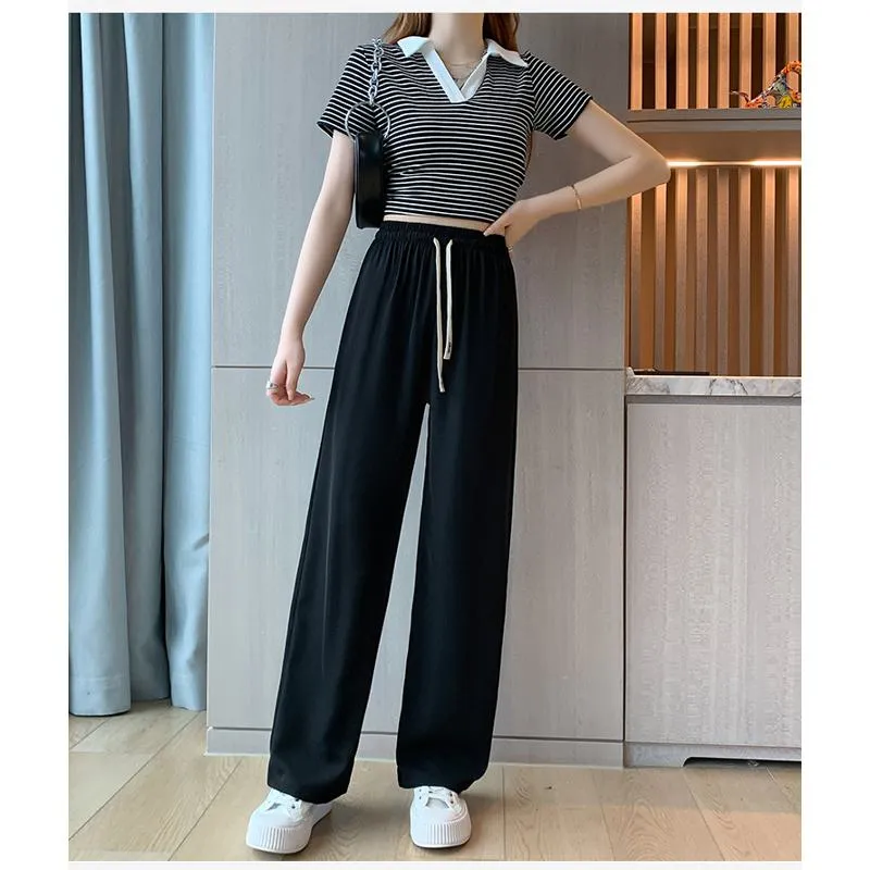 Floor-Length Casual Straight Plus Silky Draping High-Waisted Pants