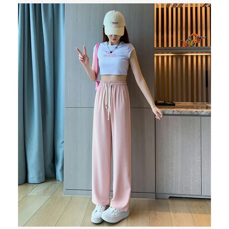 Floor-Length Casual Straight Plus Silky Draping High-Waisted Pants