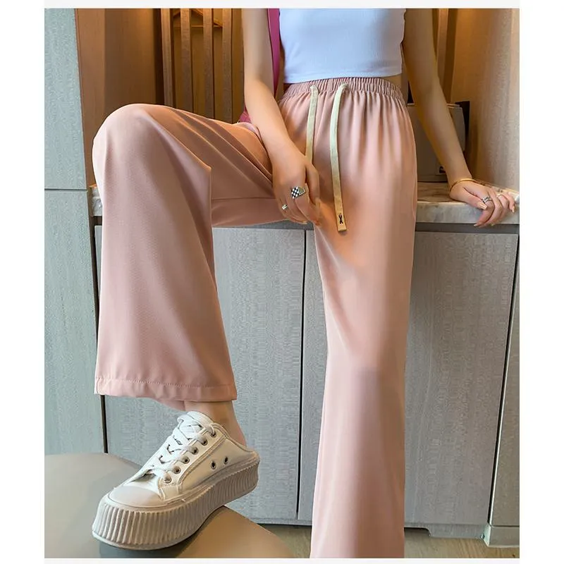 Floor-Length Casual Straight Plus Silky Draping High-Waisted Pants