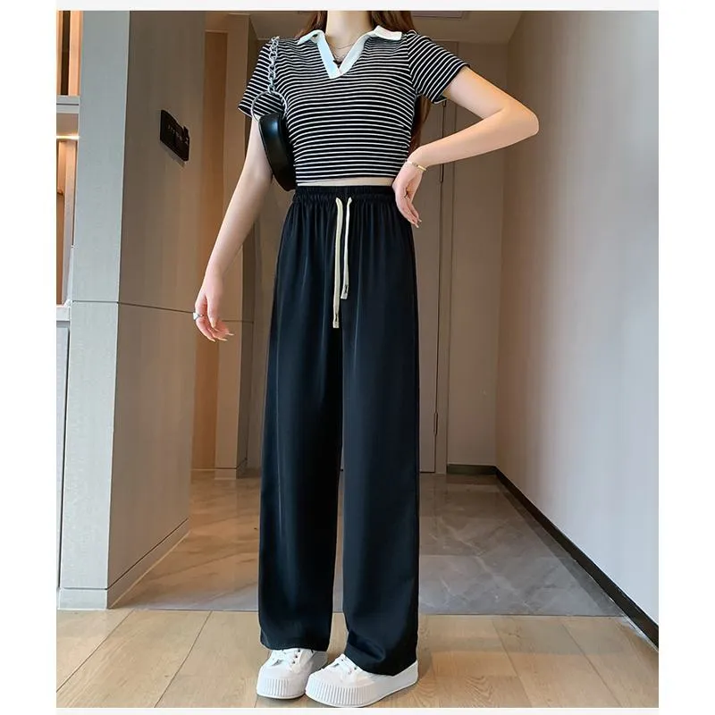 Floor-Length Casual Straight Plus Silky Draping High-Waisted Pants