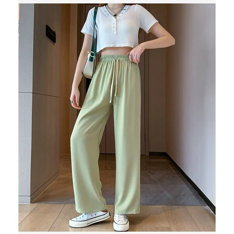 Floor-Length Casual Straight Plus Silky Draping High-Waisted Pants