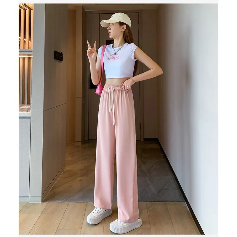 Floor-Length Casual Straight Plus Silky Draping High-Waisted Pants