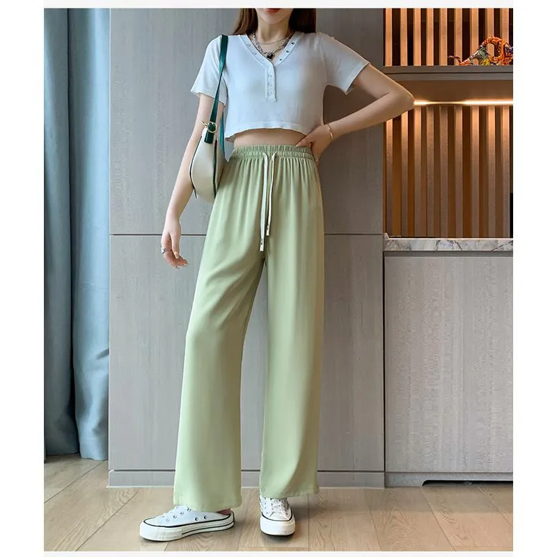 Floor-Length Casual Straight Plus Silky Draping High-Waisted Pants