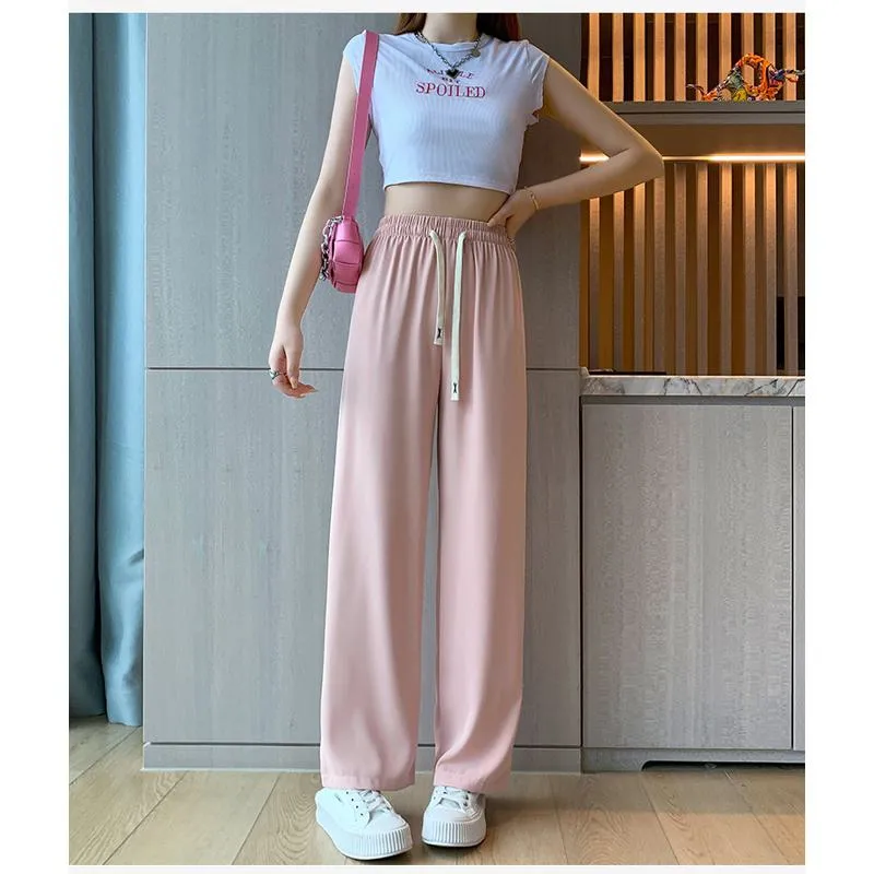 Floor-Length Casual Straight Plus Silky Draping High-Waisted Pants