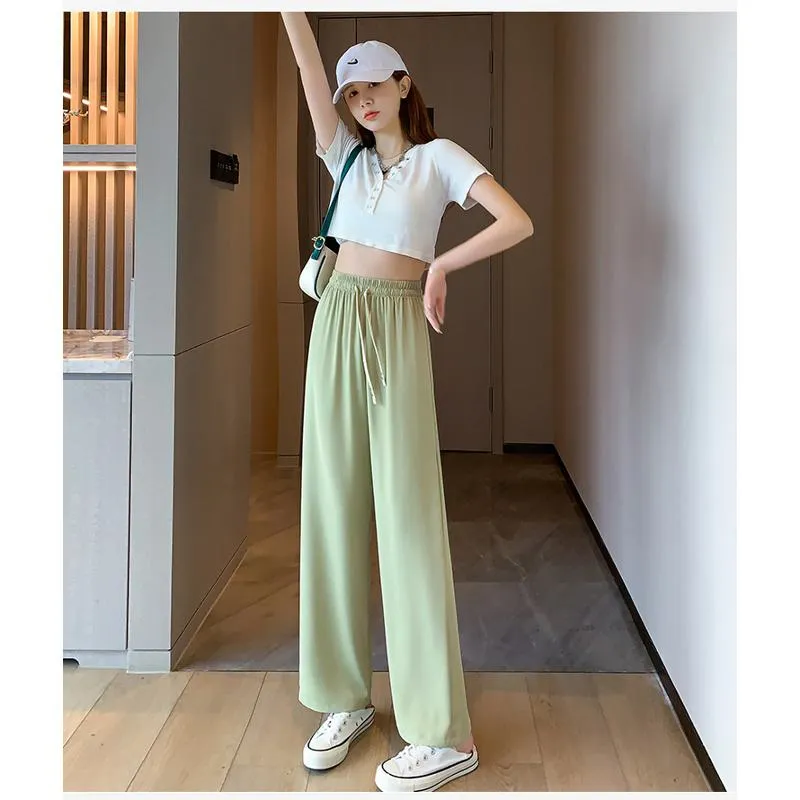 Floor-Length Casual Straight Plus Silky Draping High-Waisted Pants