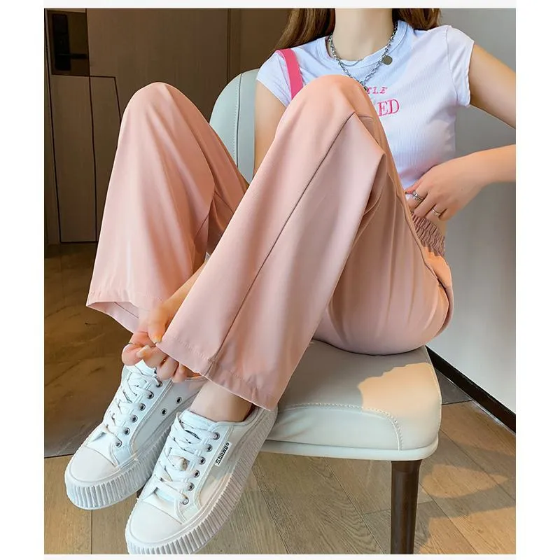 Floor-Length Casual Straight Plus Silky Draping High-Waisted Pants