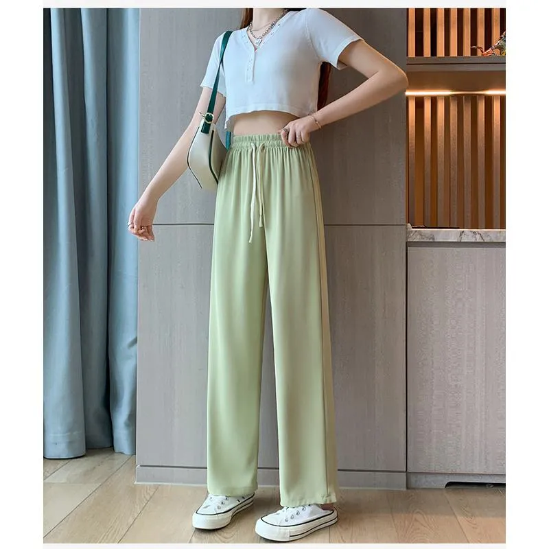 Floor-Length Casual Straight Plus Silky Draping High-Waisted Pants