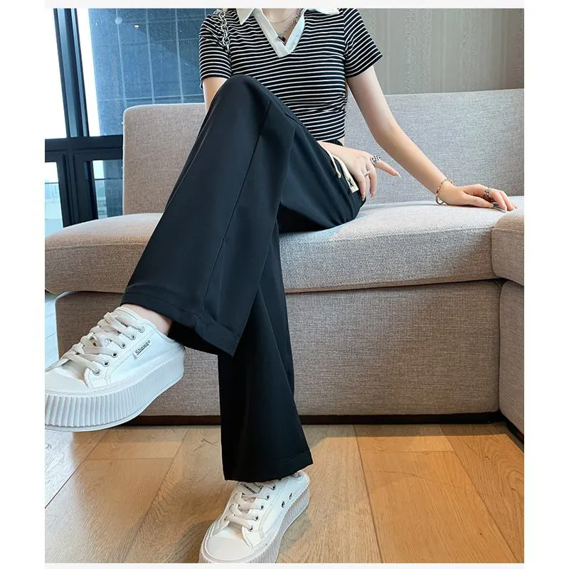 Floor-Length Casual Straight Plus Silky Draping High-Waisted Pants