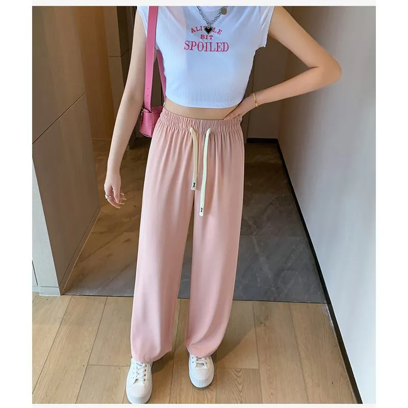 Floor-Length Casual Straight Plus Silky Draping High-Waisted Pants