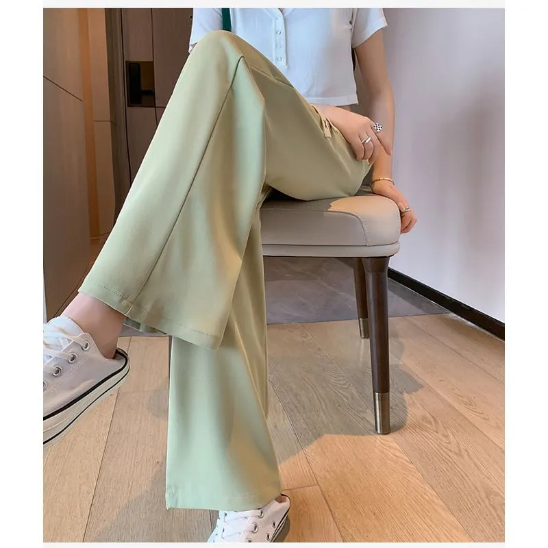 Floor-Length Casual Straight Plus Silky Draping High-Waisted Pants