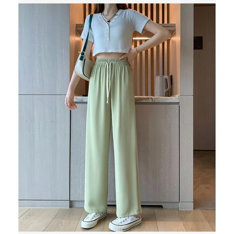 Floor-Length Casual Straight Plus Silky Draping High-Waisted Pants