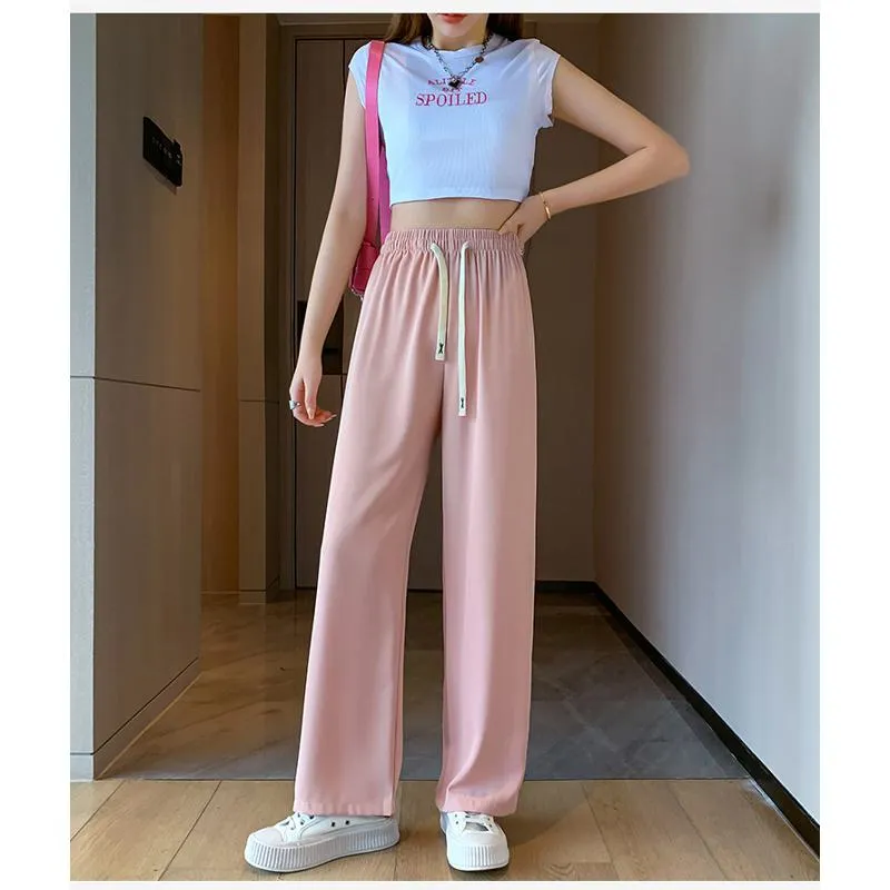 Floor-Length Casual Straight Plus Silky Draping High-Waisted Pants