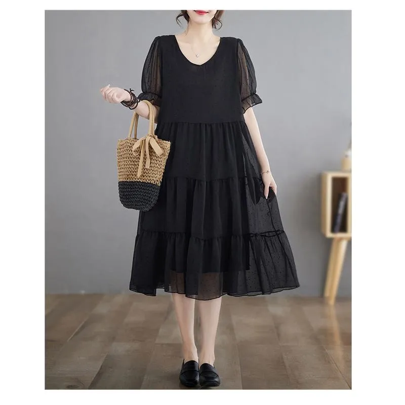 French Style Elegance Plus Cake Slimming Plant Velvet V-Neck Dress