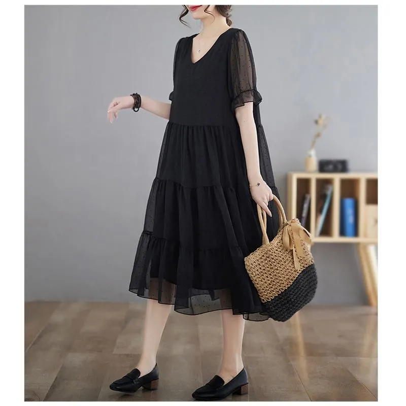 French Style Elegance Plus Cake Slimming Plant Velvet V-Neck Dress