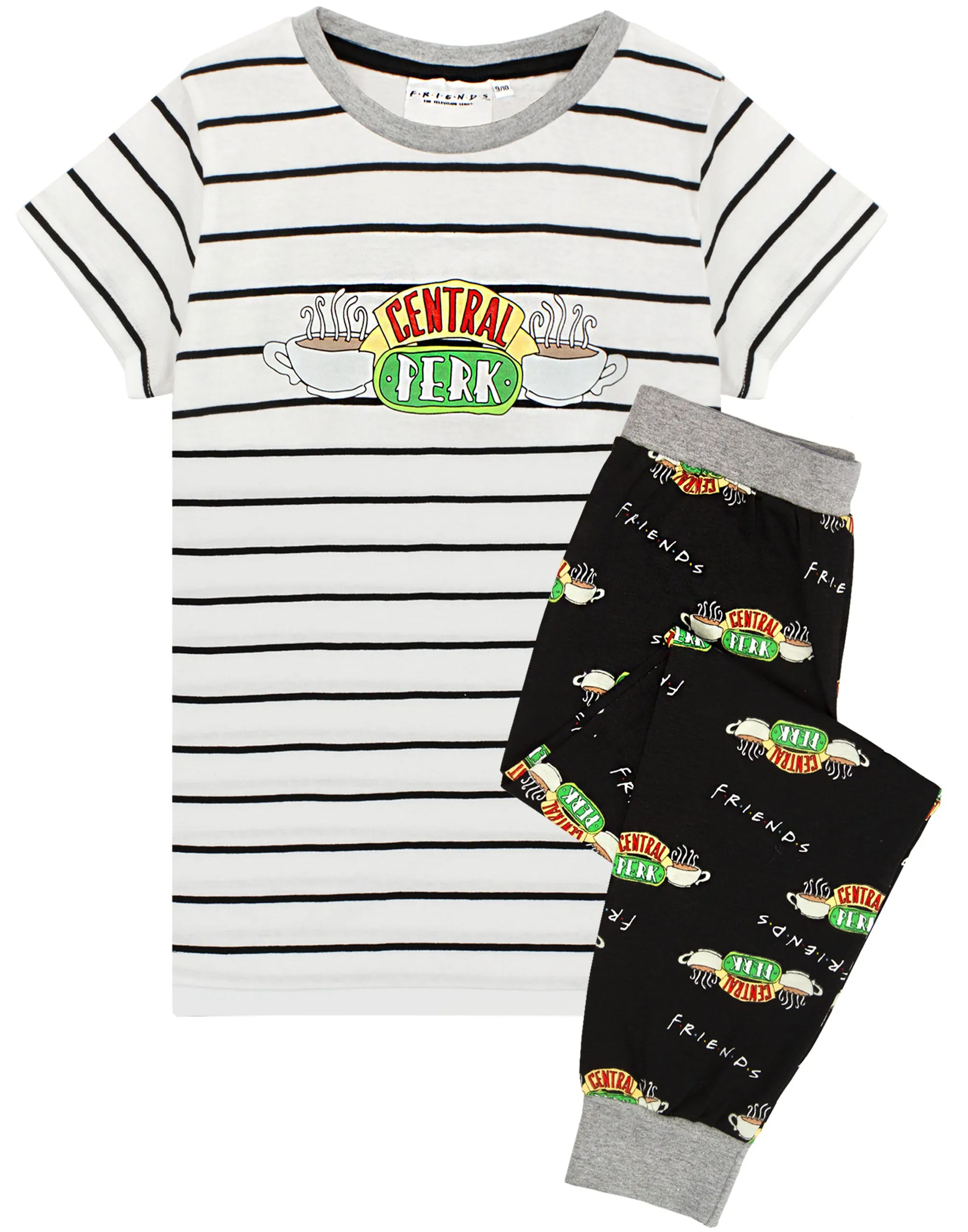 Friends Central Perk Logo Placement & All-Over Print Unisex Kids White Short Sleeve Long Leg Pyjama Set