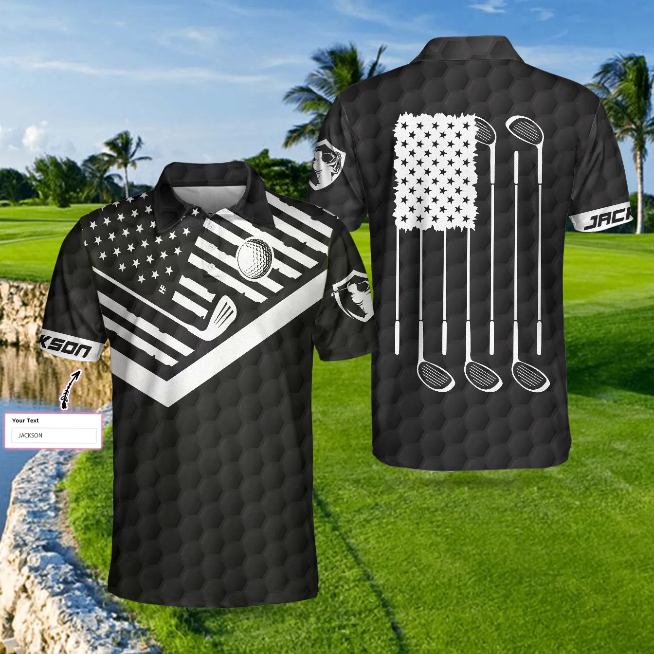 Golf American Flag New Custom Polo Shirt, Black Golf Pattern Personalized Polo Shirt, Patriotic Golf Shirt For Men Coolspod