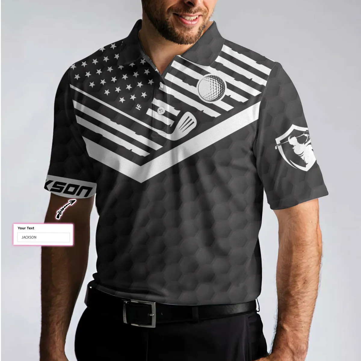 Golf American Flag New Custom Polo Shirt, Black Golf Pattern Personalized Polo Shirt, Patriotic Golf Shirt For Men Coolspod