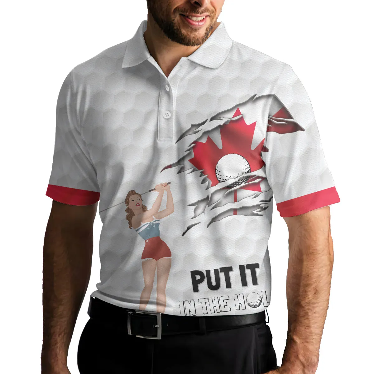 Golf Canada Flag Pin Up Girl Polo Shirt, Canadian Golf Shirt For Men Coolspod