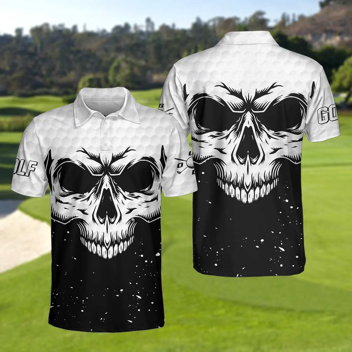 Golf Skull Pattern Black And White Polo Shirt, Golf Pattern Polo Shirt, Best Golf Shirt For Men Coolspod