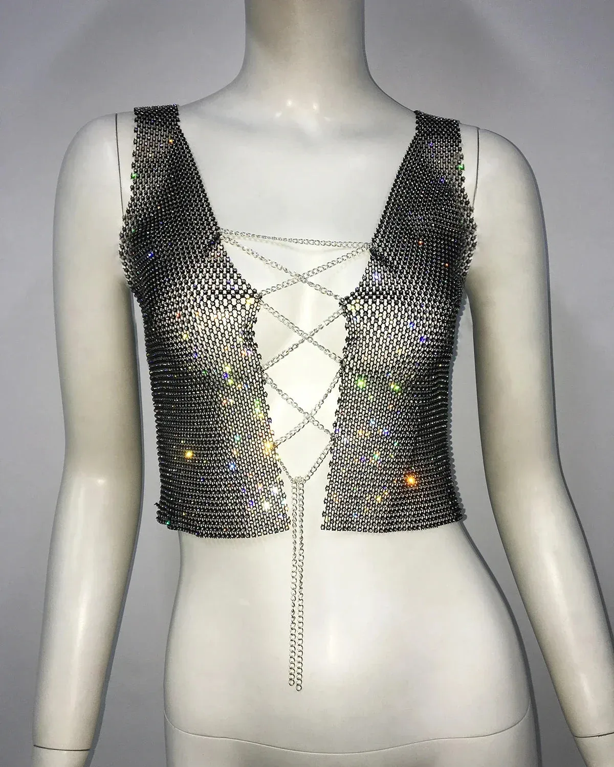 Gothic Body Fishnet Crop Nightclub Flash Drill Chain Sexy Top