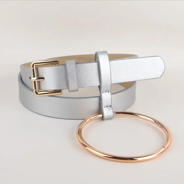 HOT Newest Design Women waist belt Lovely women's big ring decorated belts female fashion gold pin buckle solid PU leather strap