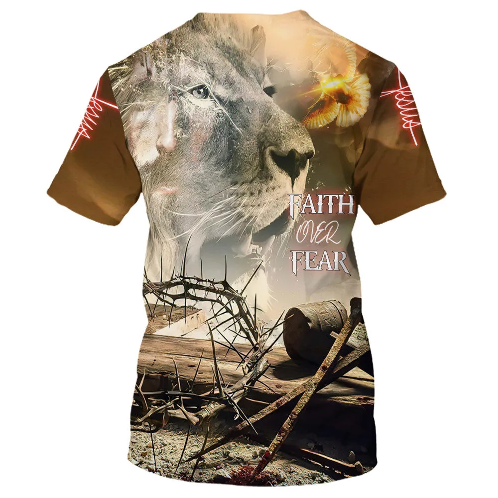 Jesus And Lion Faith Over Fear 3d All Over Print Shirt - Christian 3d Shirts For Men Women