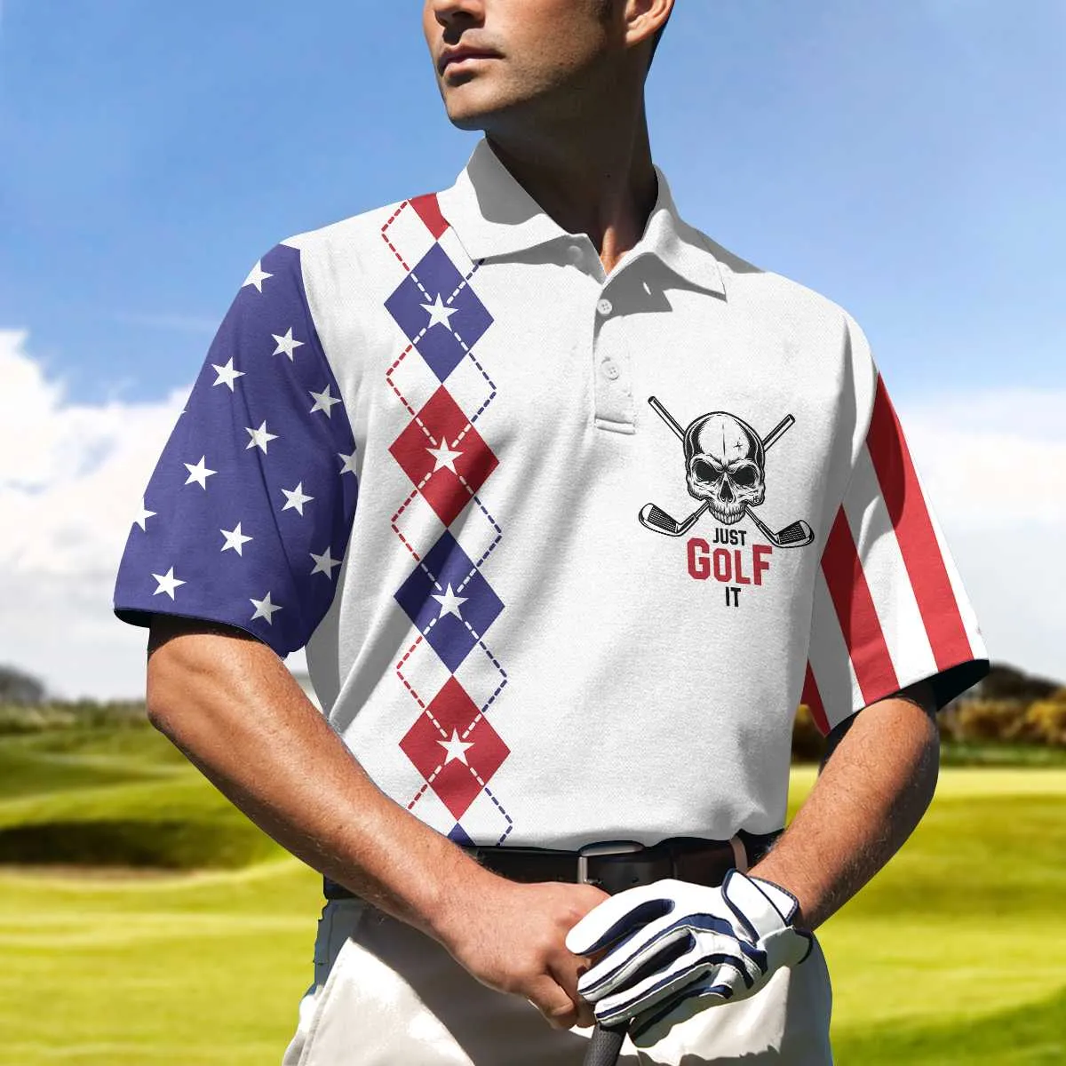 Just Golf It Skull Short Sleeve Golf Polo Shirt, Argyle Pattern American Flag Golf Shirt For Men Coolspod