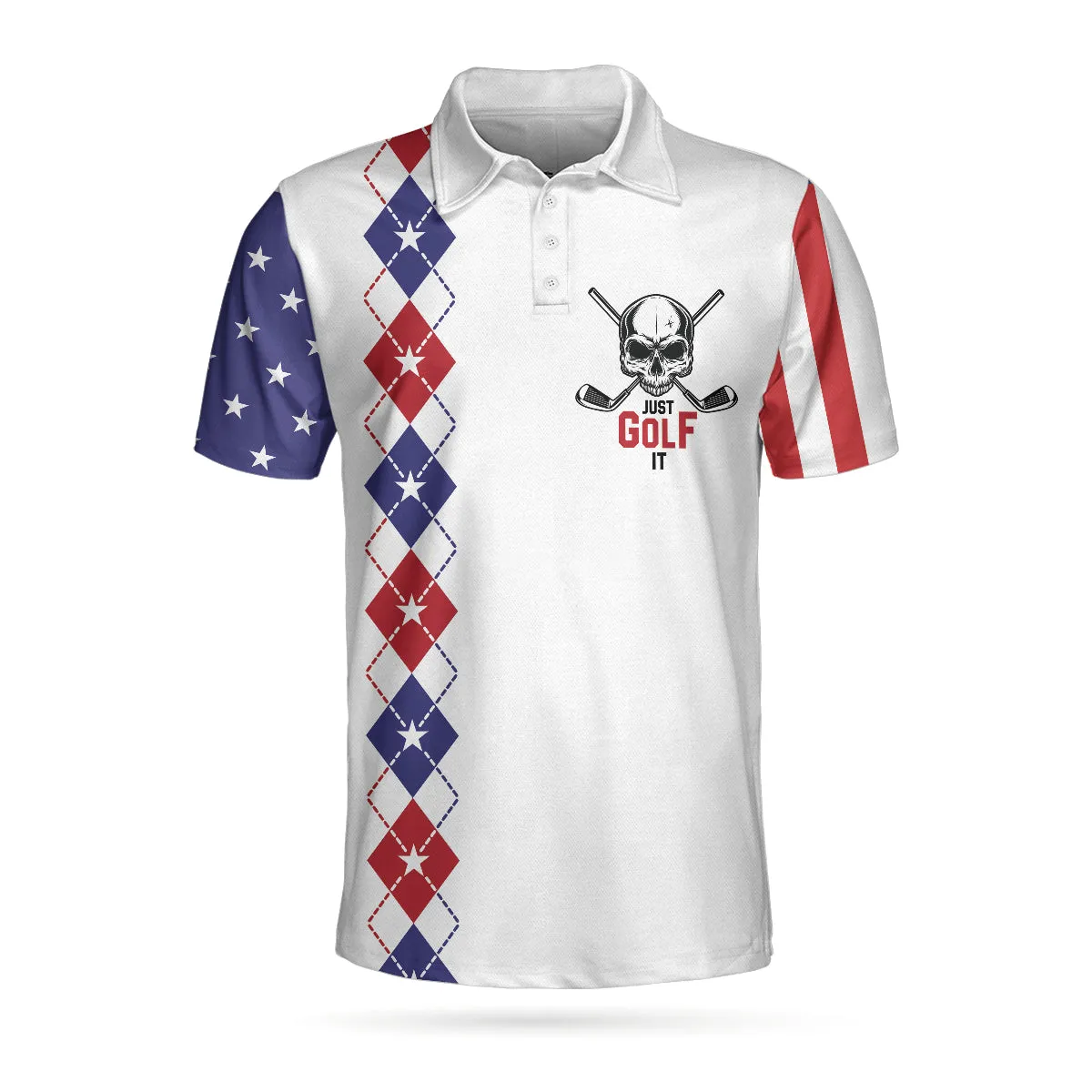 Just Golf It Skull Short Sleeve Golf Polo Shirt, Argyle Pattern American Flag Golf Shirt For Men Coolspod