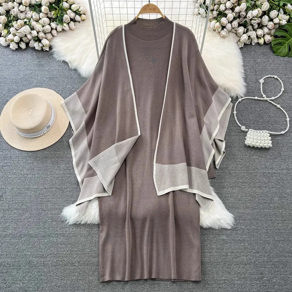 large shawl women's knitted cardigan coat two-piece a-line dress      S4216