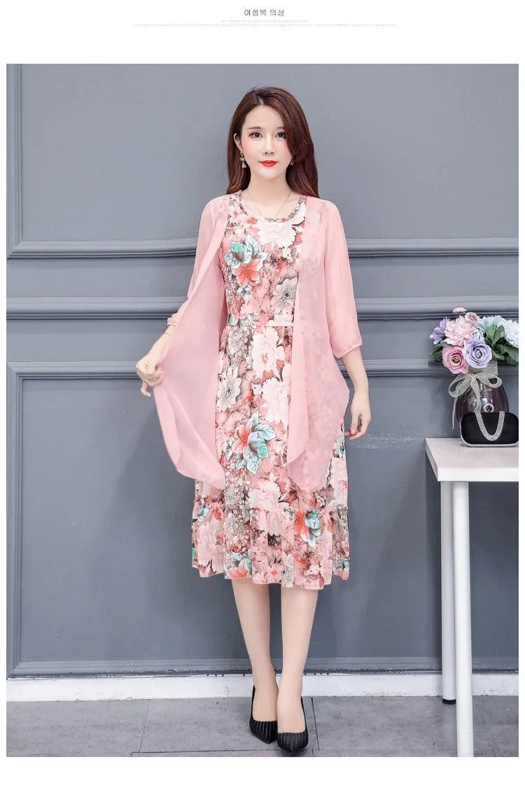 Large Size Summer Dress Women Floral Print Long Chiffon Dresses Two-Piece Set Womens Dresses Plus Size