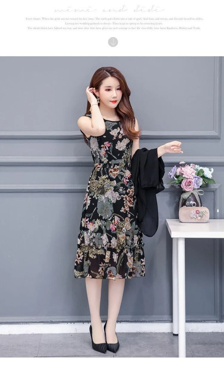 Large Size Summer Dress Women Floral Print Long Chiffon Dresses Two-Piece Set Womens Dresses Plus Size