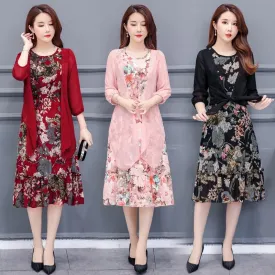 Large Size Summer Dress Women Floral Print Long Chiffon Dresses Two-Piece Set Womens Dresses Plus Size