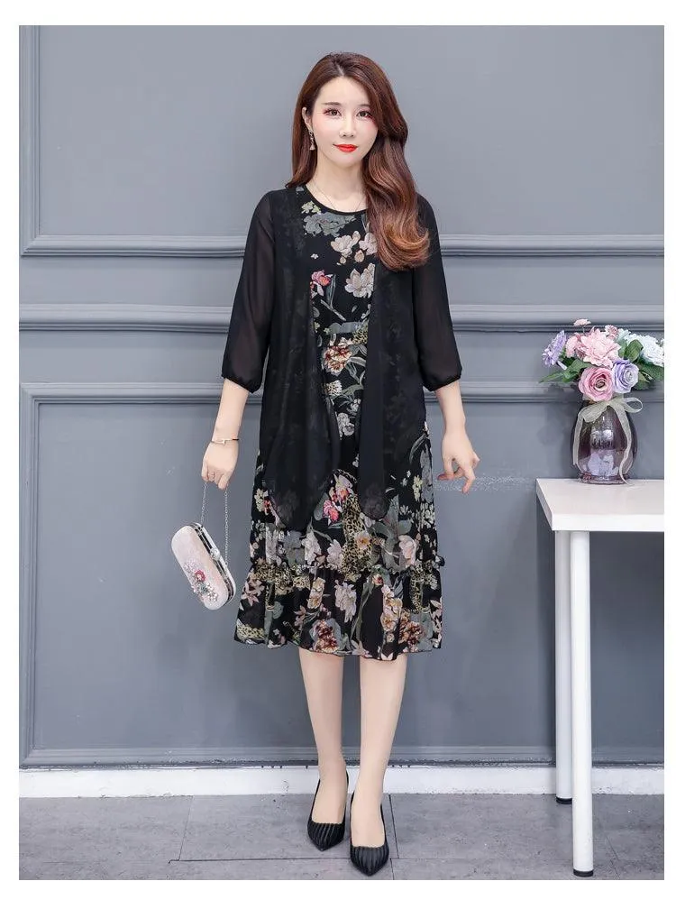 Large Size Summer Dress Women Floral Print Long Chiffon Dresses Two-Piece Set Womens Dresses Plus Size