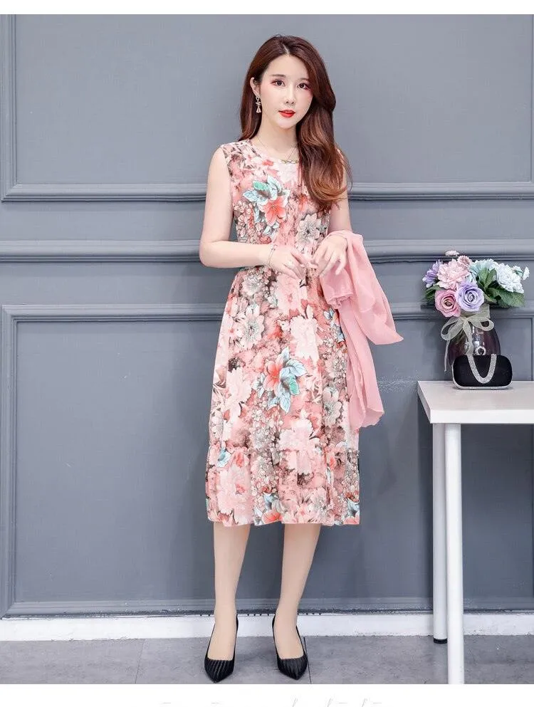 Large Size Summer Dress Women Floral Print Long Chiffon Dresses Two-Piece Set Womens Dresses Plus Size