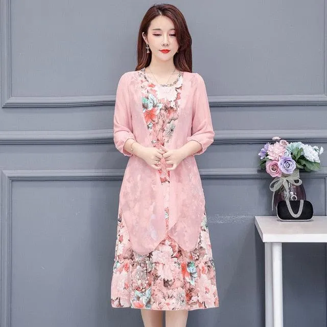 Large Size Summer Dress Women Floral Print Long Chiffon Dresses Two-Piece Set Womens Dresses Plus Size