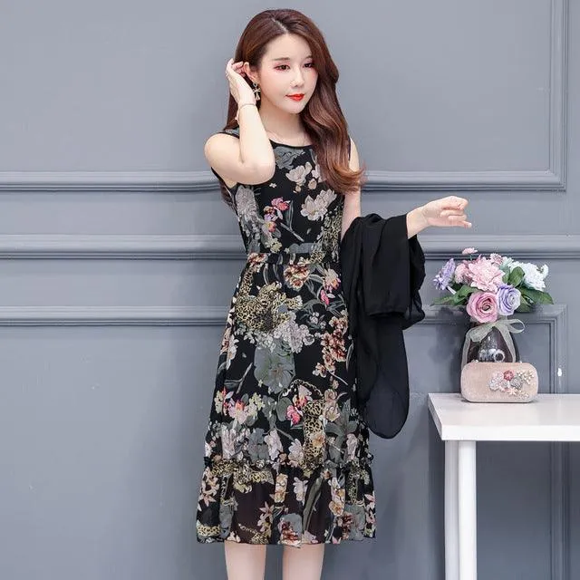 Large Size Summer Dress Women Floral Print Long Chiffon Dresses Two-Piece Set Womens Dresses Plus Size