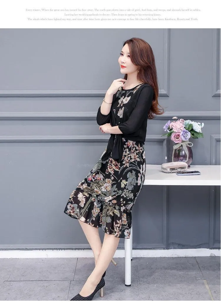 Large Size Summer Dress Women Floral Print Long Chiffon Dresses Two-Piece Set Womens Dresses Plus Size